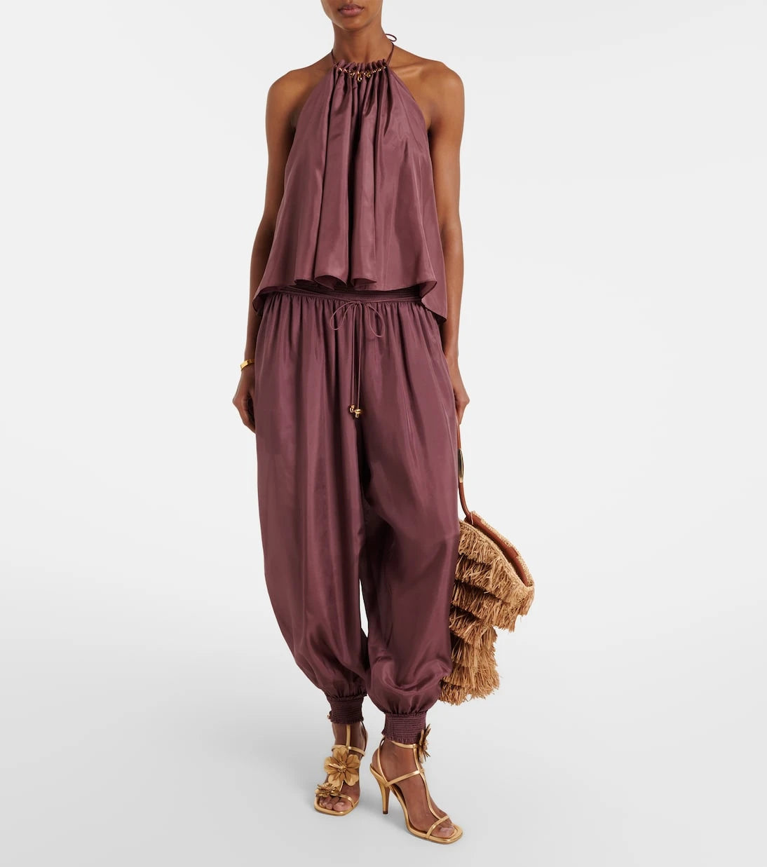 Zimmermann - بلوزة حريرية مزينة بالخرز بياقة رسن Aster