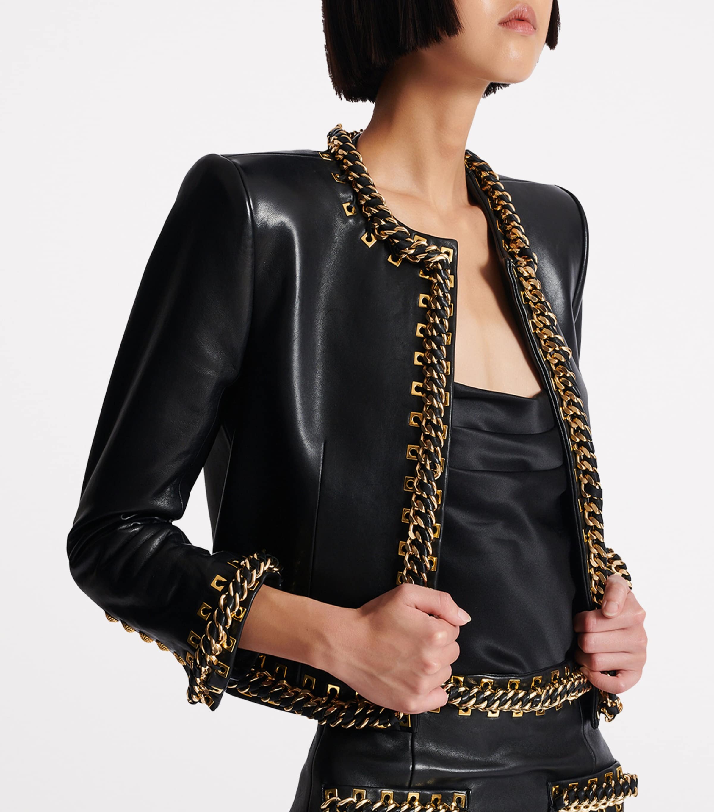 Balmain Black Leather Chain-Detail Jacket