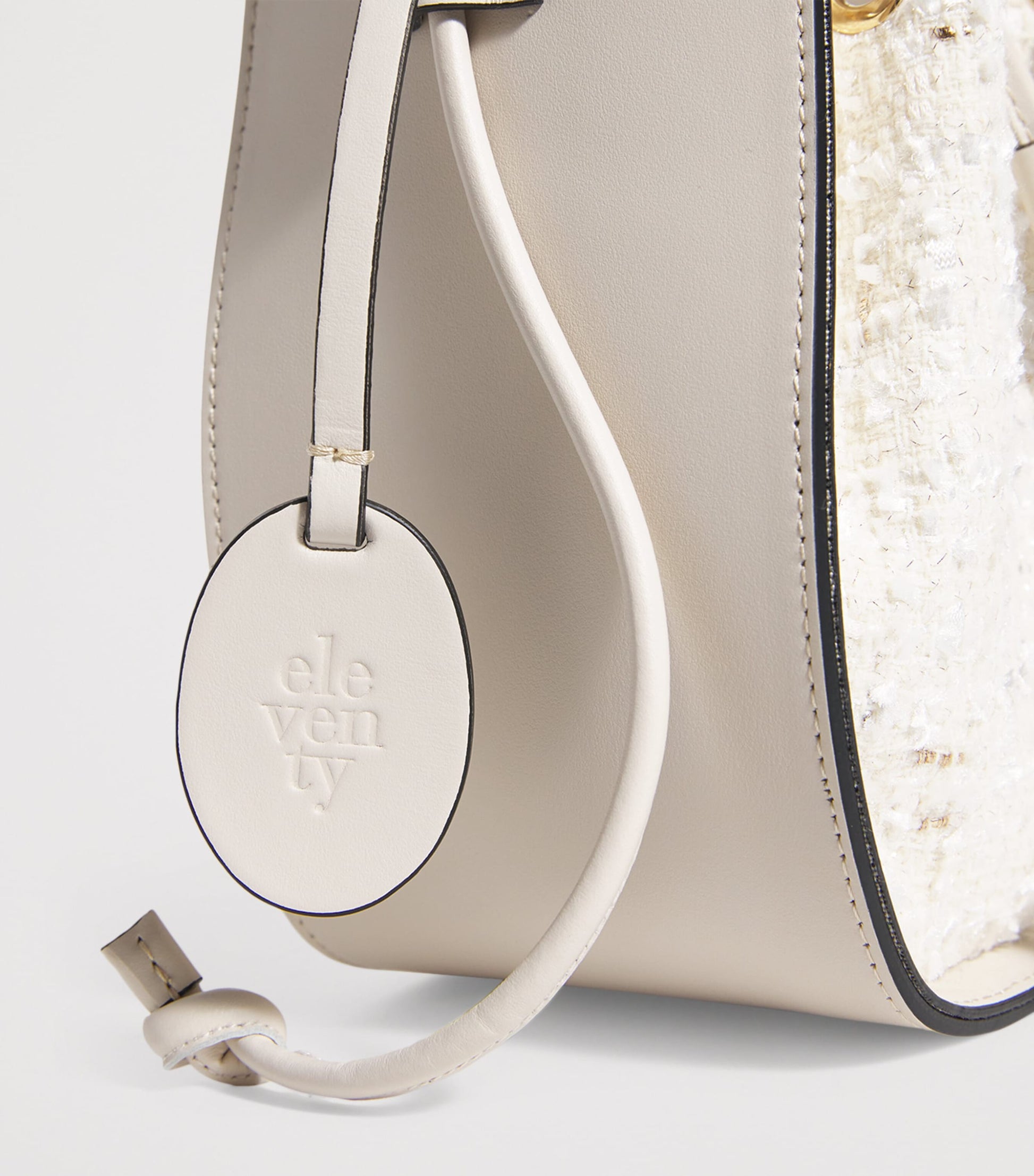 White Leather-Tweed Drawstring Bucket Bag