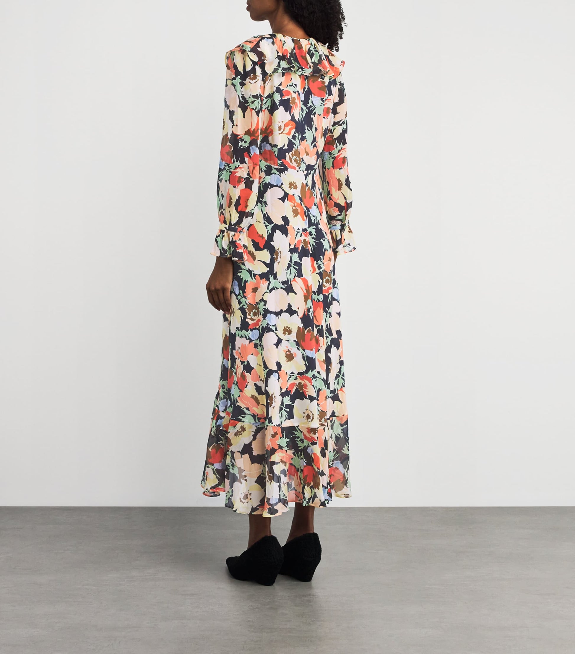 Rixo Navy Silk Floral Grayce Midi Dress