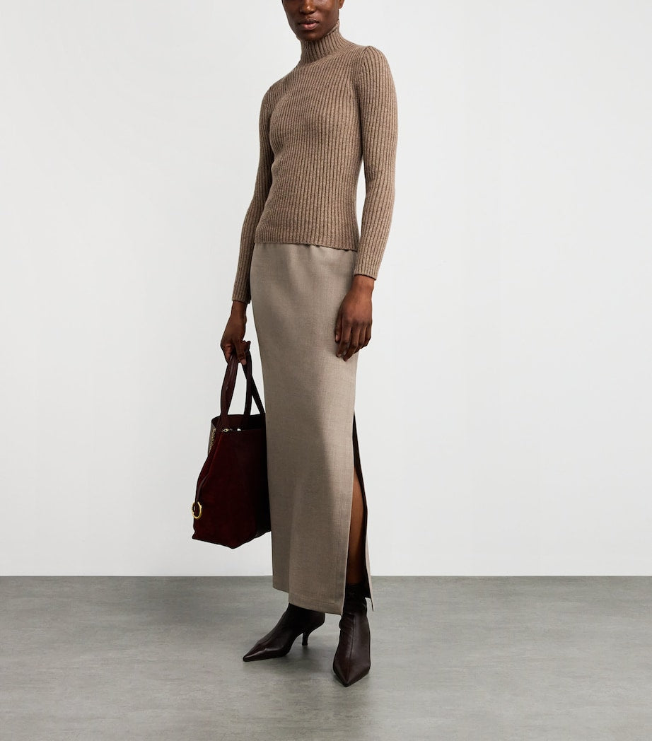 Max Mara Beige Wool-Blend Ribbed High-Neck Sweater