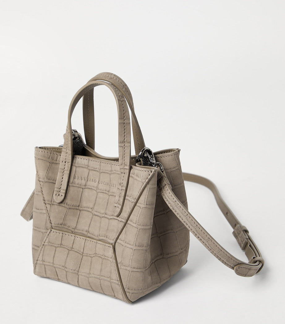 Brunello Cucinelli Brown Croc-Embossed Leather Duo Mini Bag