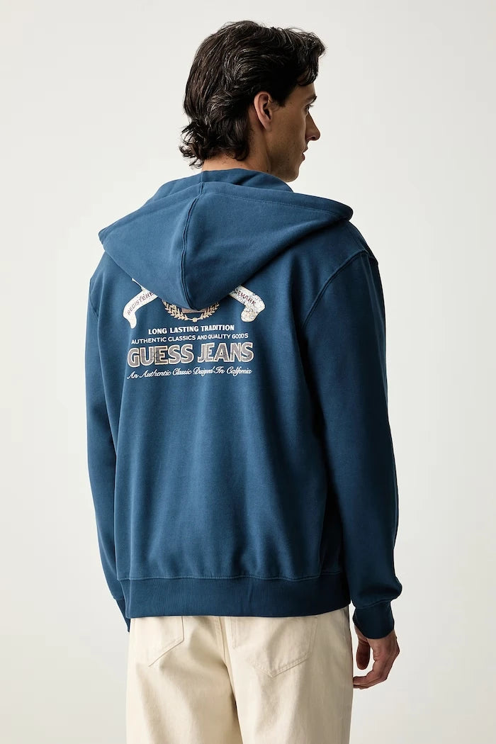 Guess Jeans pamuklu fermuarlı kapüşonlu erkek sweatshirt