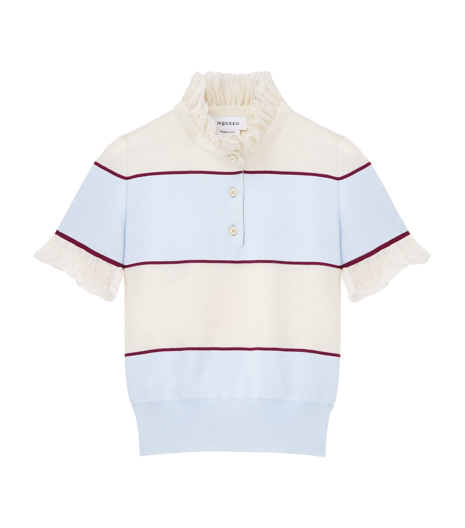 McQueen Blue Lace-Trim Stripe Polo Shirt
