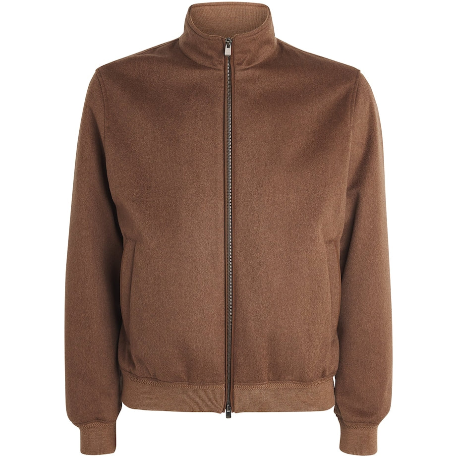 Agnona Brown Cashmere High-Neck Bomber Jacket