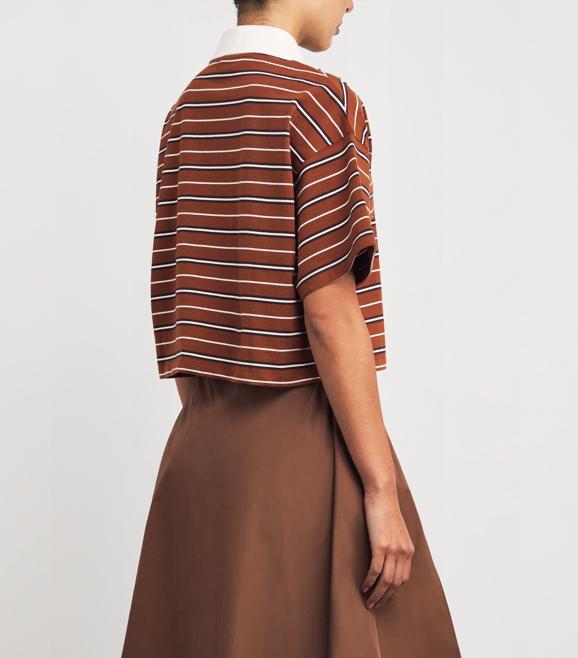 Brown Cotton Stripe Embellished Polo Shirt