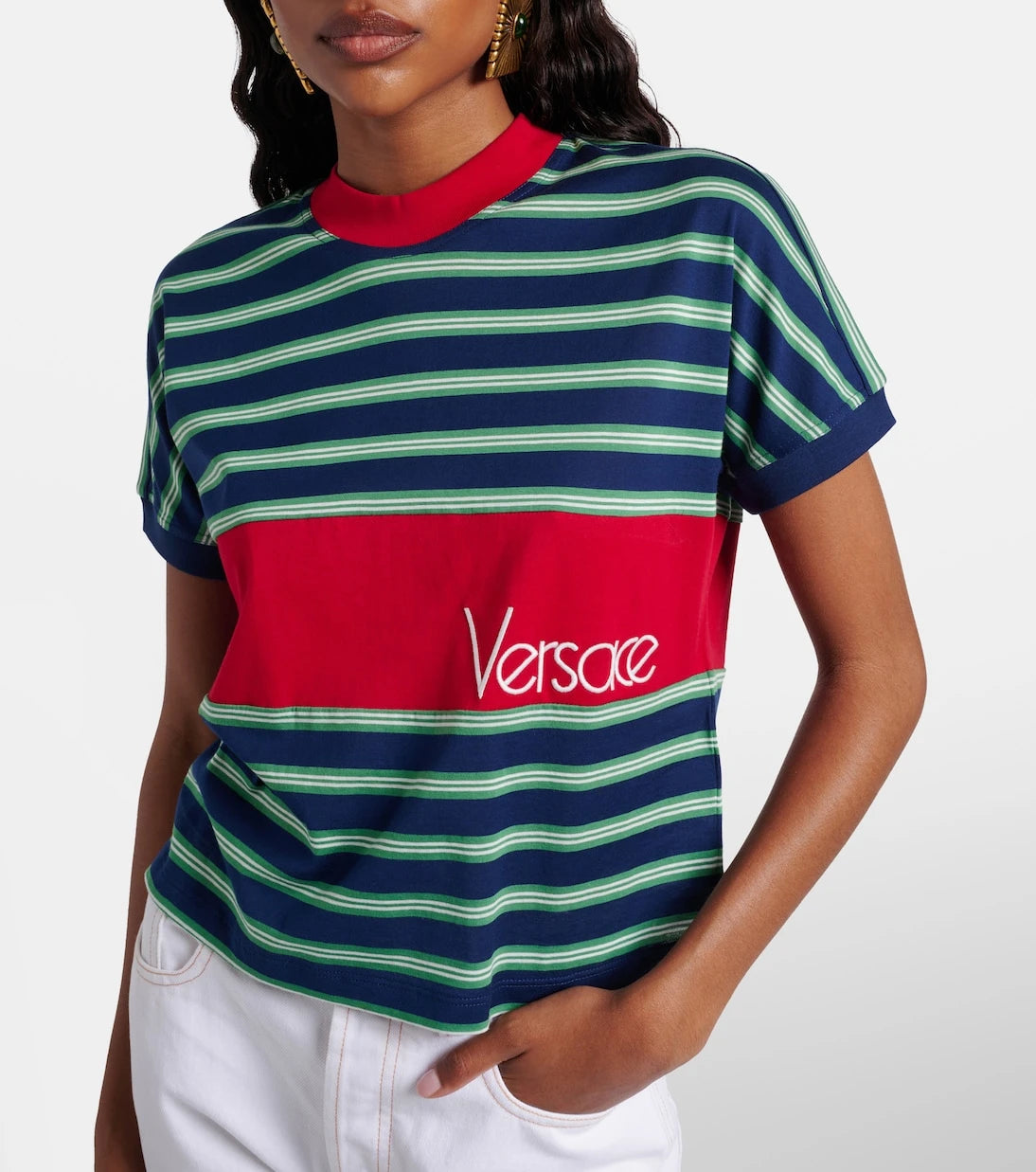 Versace - Logo embroidered striped cotton T-Shirt