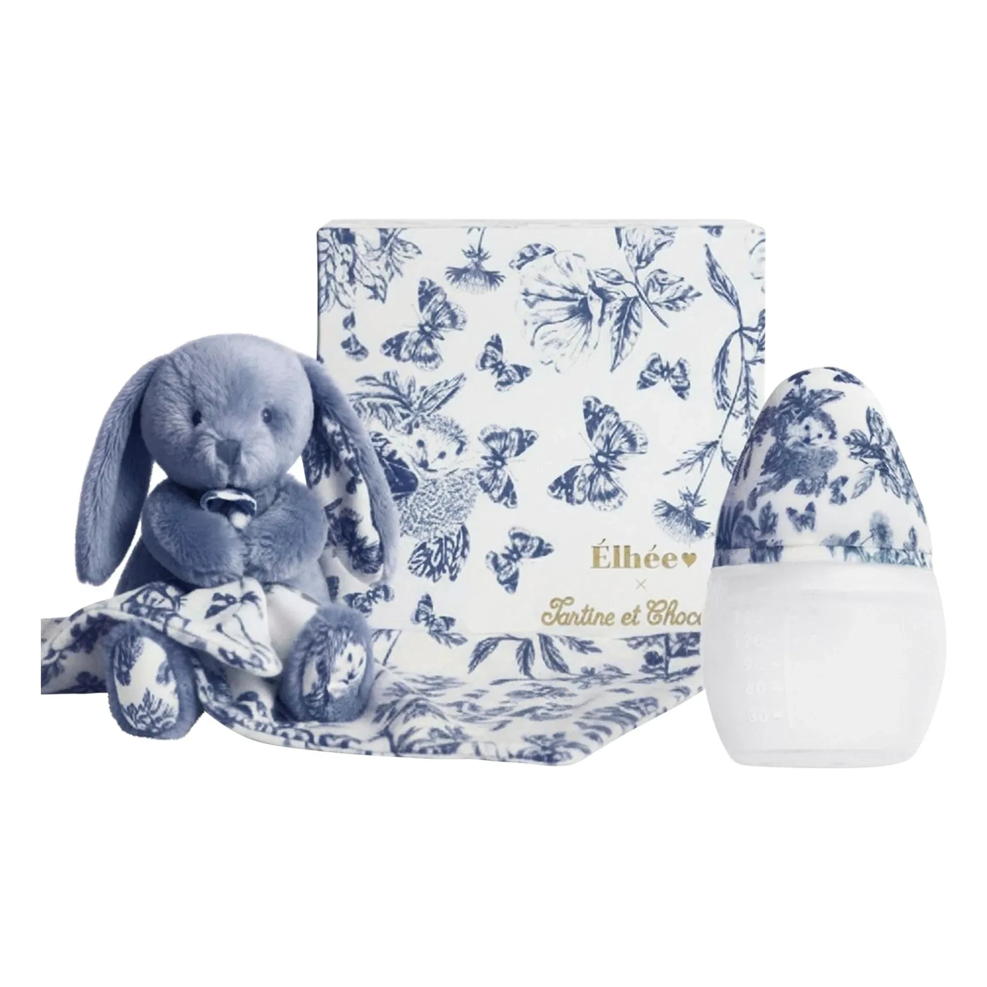 Elhée - Augustin le lapin Toile de Jouy medical silicone baby bottle and comforter set - Elhée x Tartine et Chocolat | Navy blue