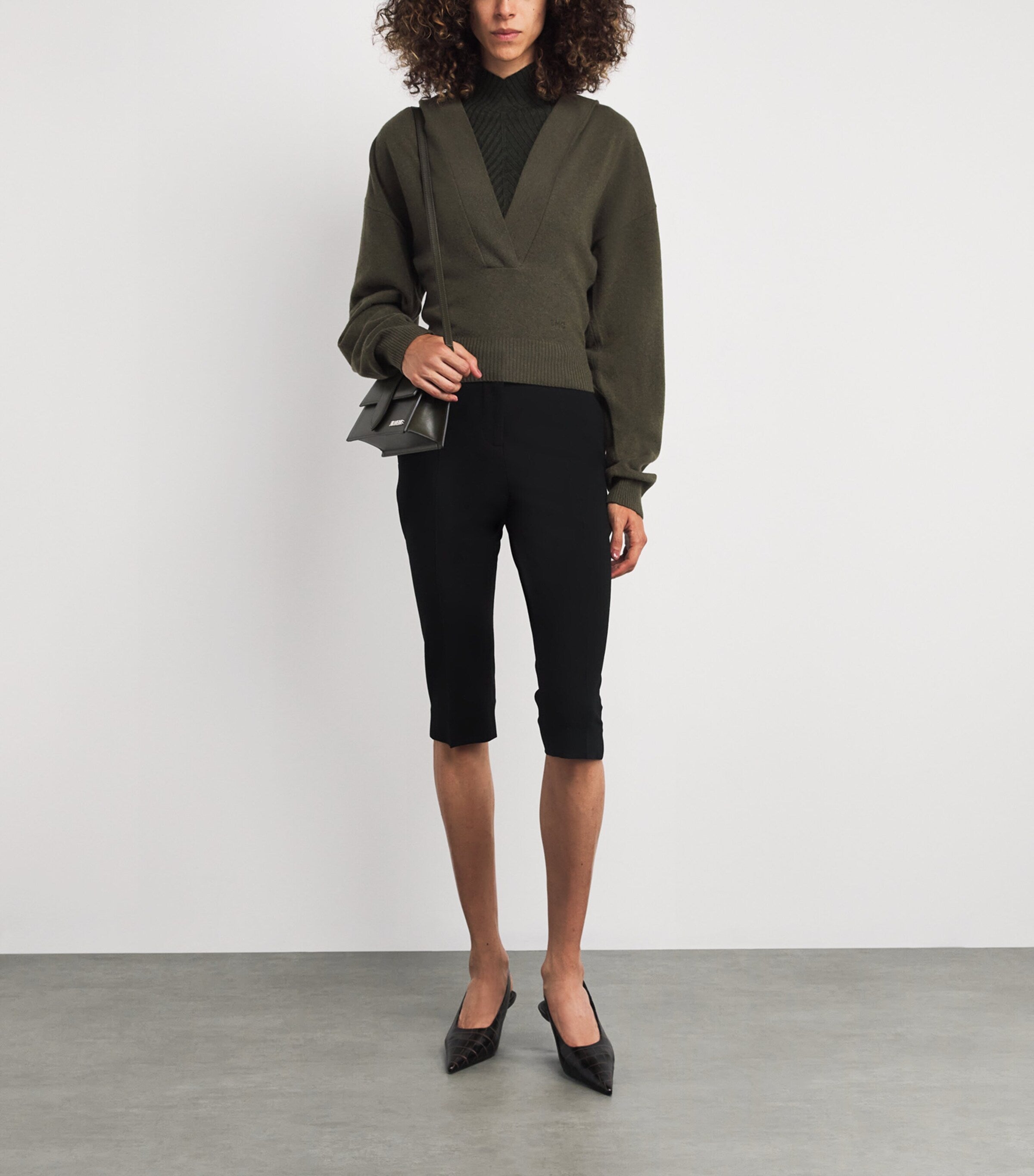 Green Wool Long-Sleeve Cropped Hoodie