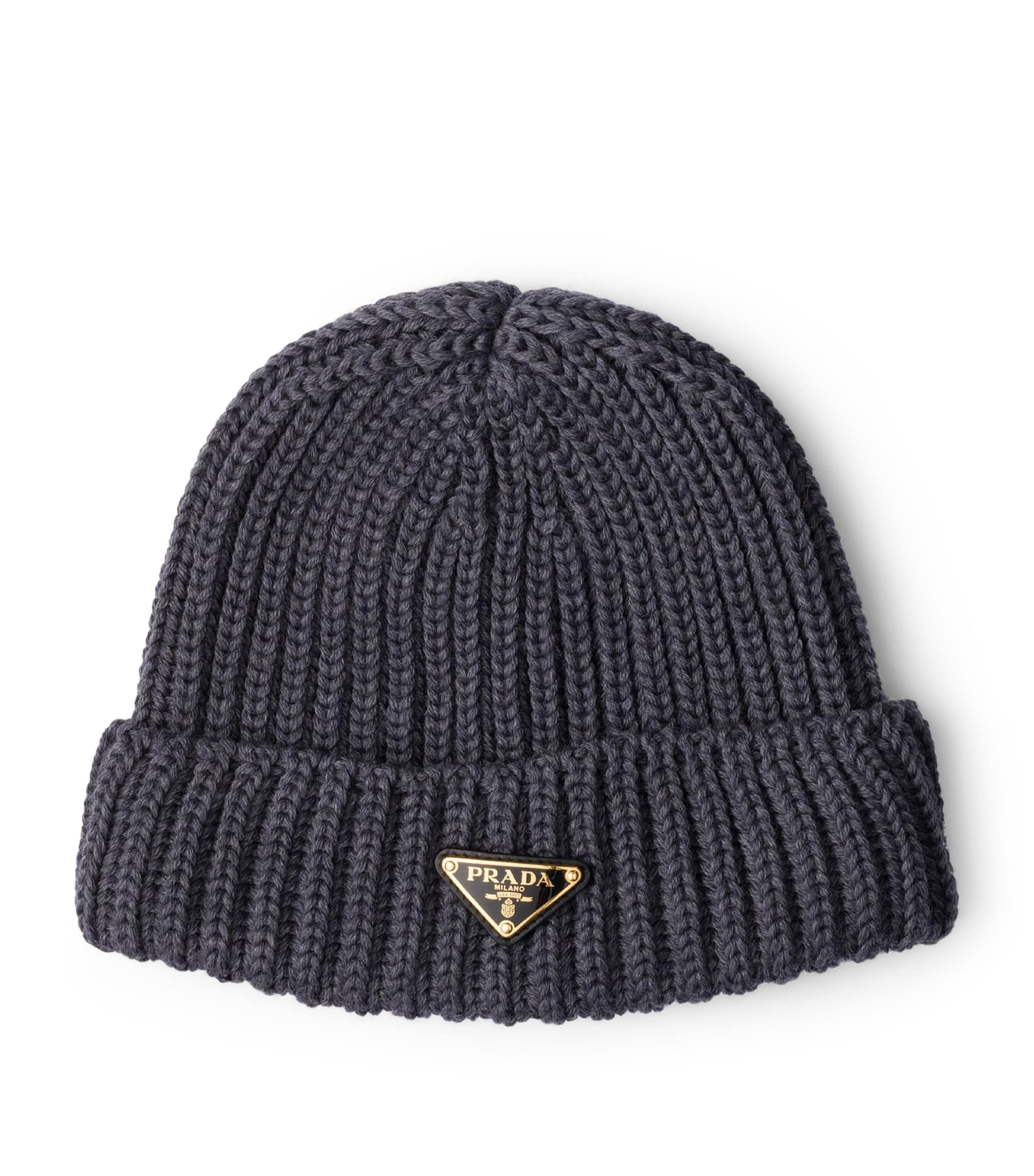 Prada Grey Wool Logo Beanie