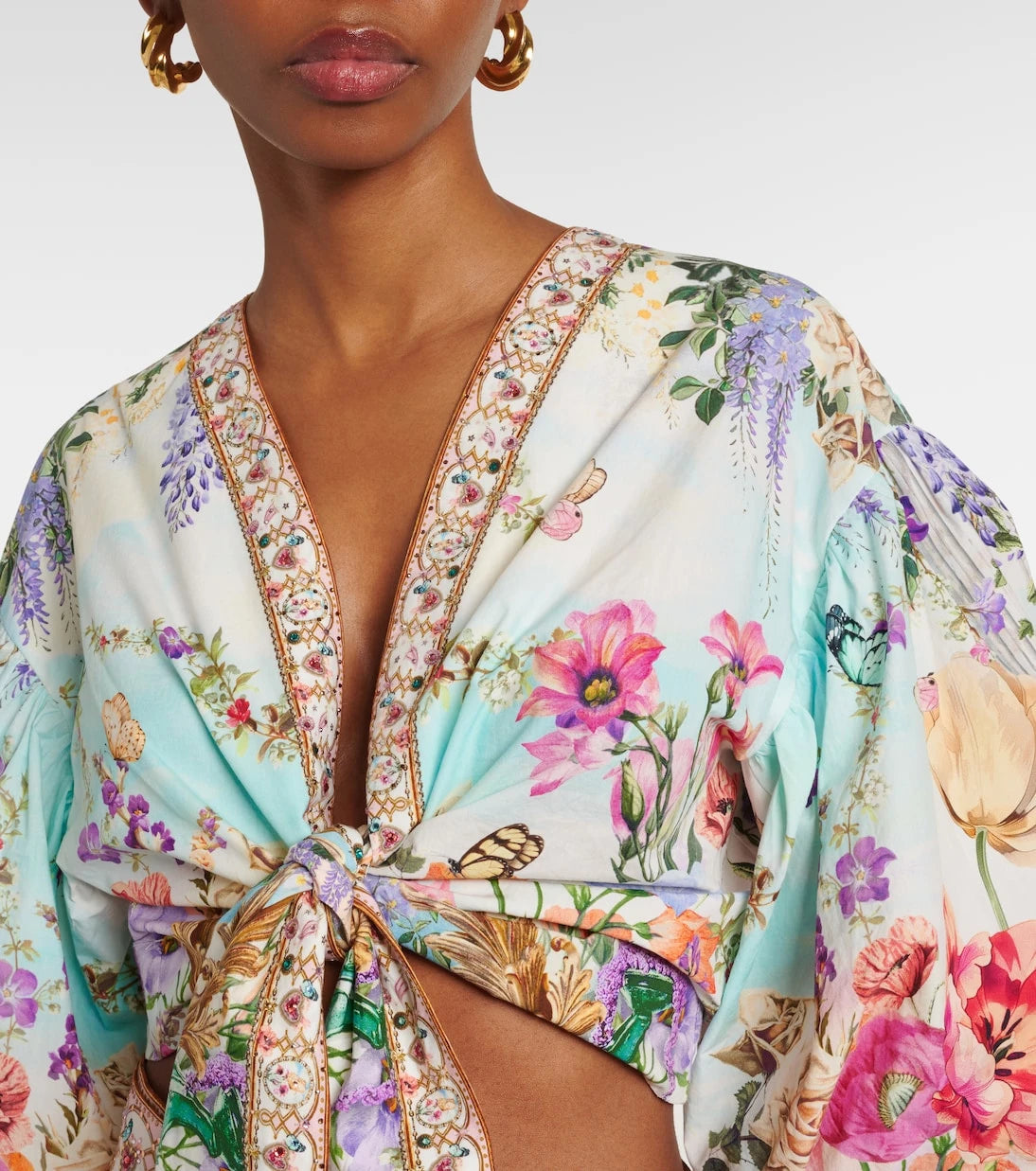 Camilla - Tie-front puff-sleeve crop top