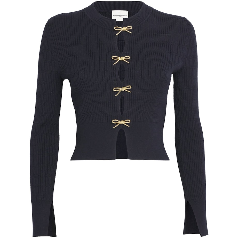 Claudie Pierlot Blue Bow-Embellished Cut-Out Sweater