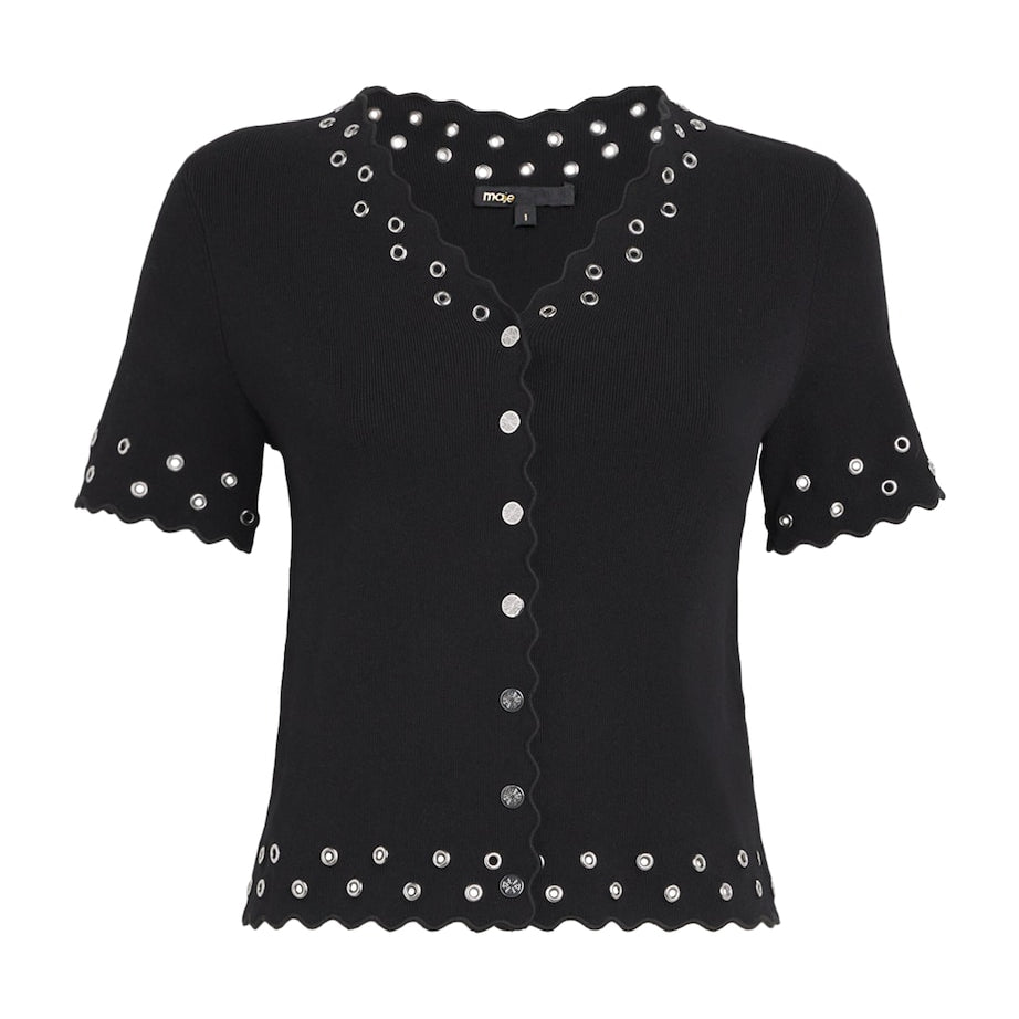 Maje Black Scalloped Eyelet Cardigan