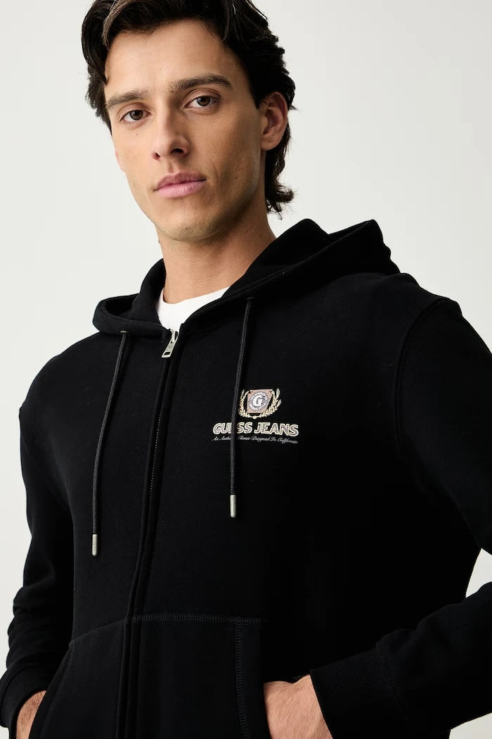 Guess Jeans pamuklu fermuarlı kapüşonlu erkek sweatshirt