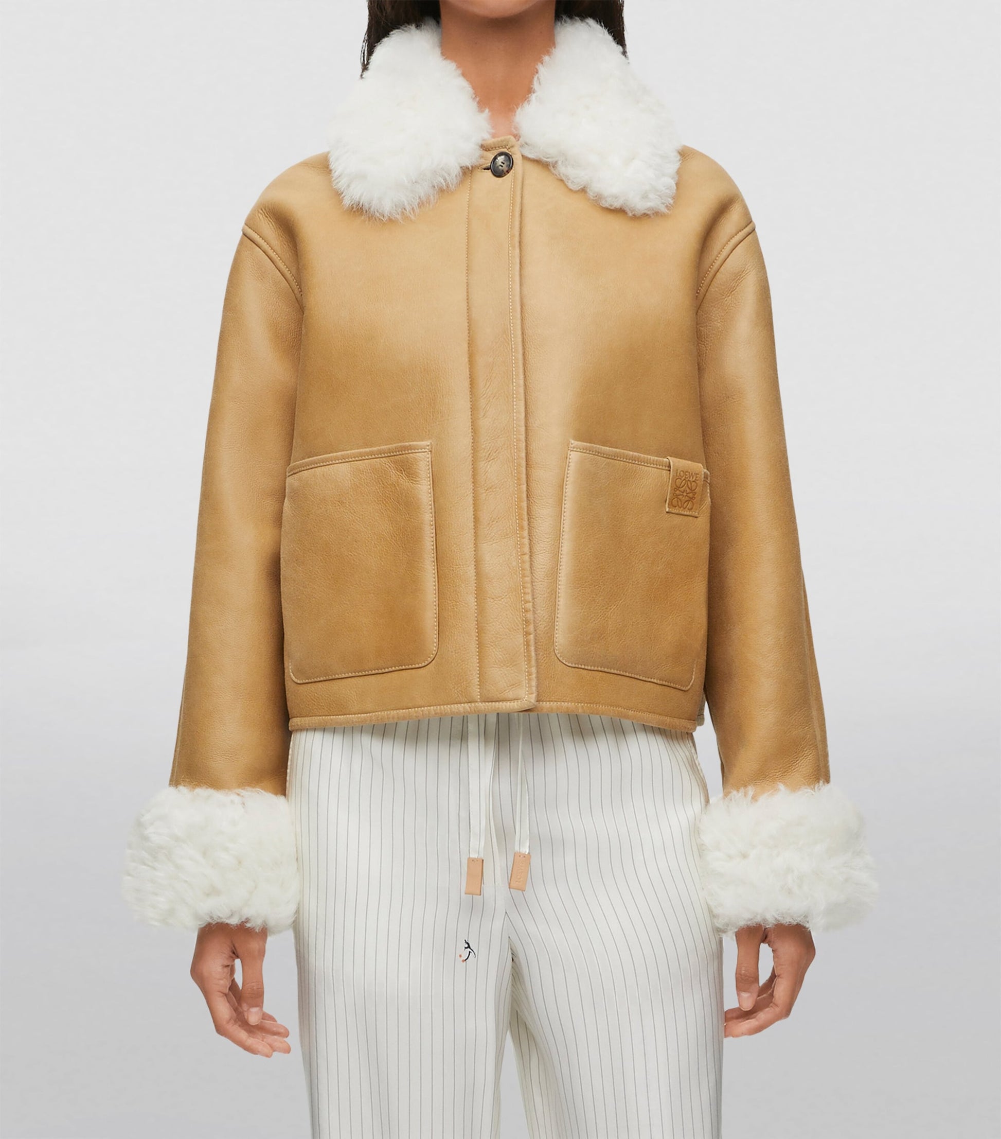 White Shearling-Trim Leather Jacket