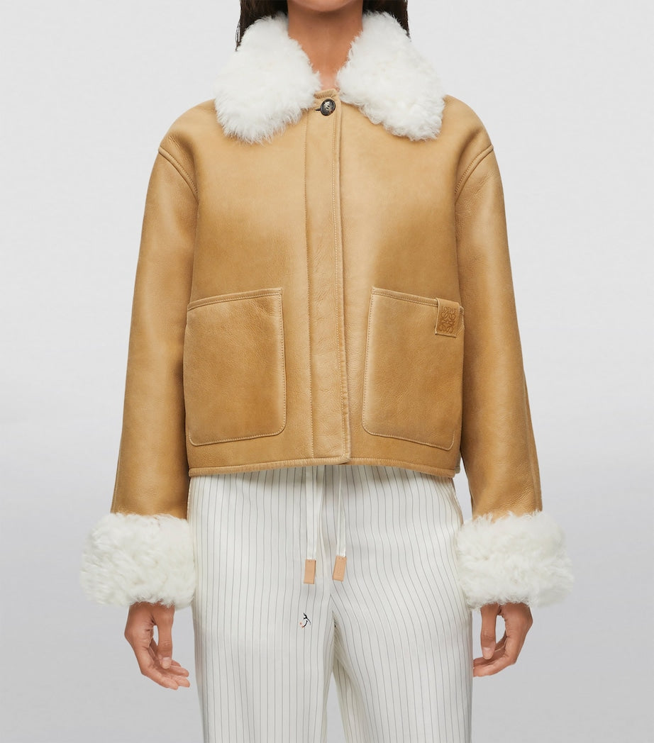 White Shearling-Trim Leather Jacket