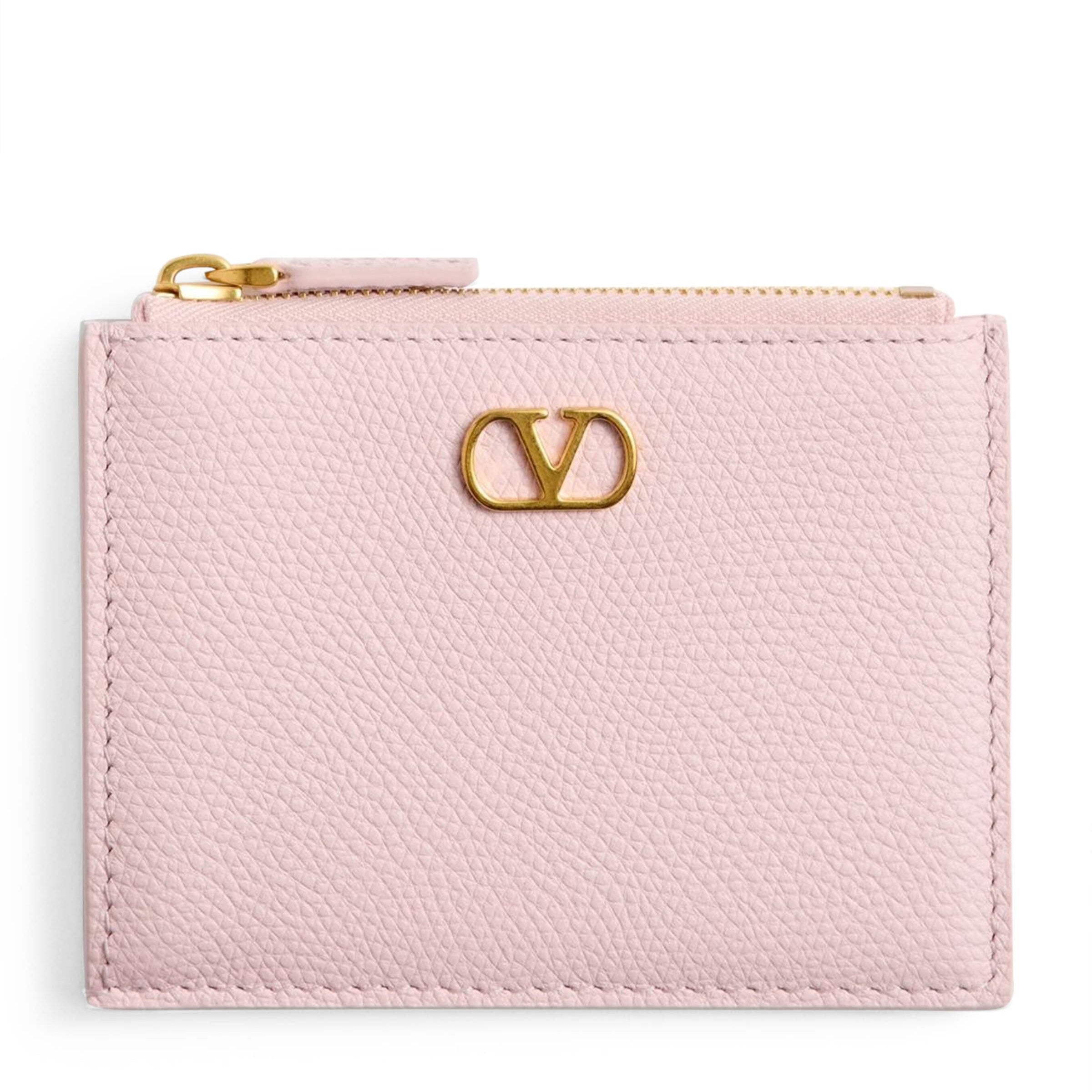 Valentino Garavani Pink Leather VLogo Signature Zipped Card Holder