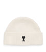 AMI Paris Beige Merino Wool Logo Beanie