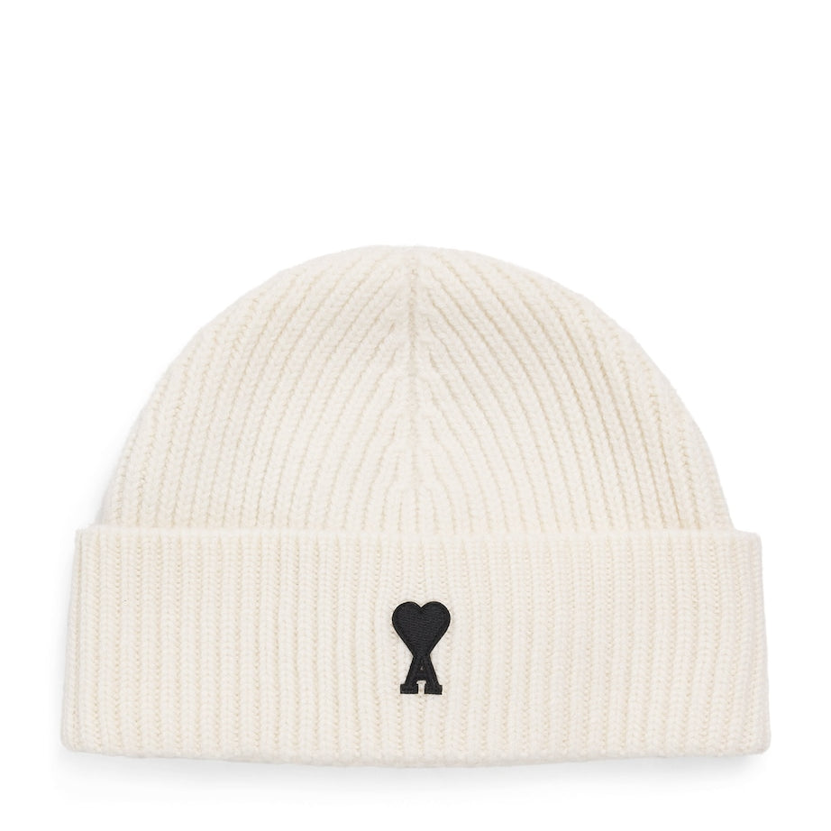 AMI Paris Beige Merino Wool Logo Beanie