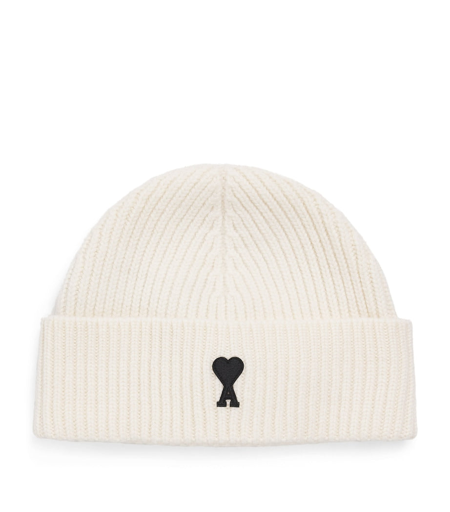 AMI Paris Beige Merino Wool Logo Beanie