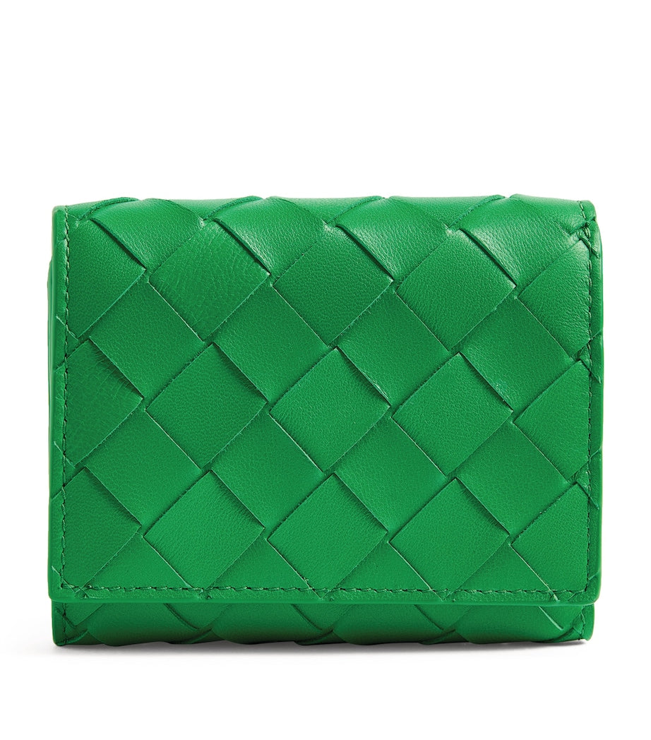 Green Leather Intrecciato Trifold Wallet