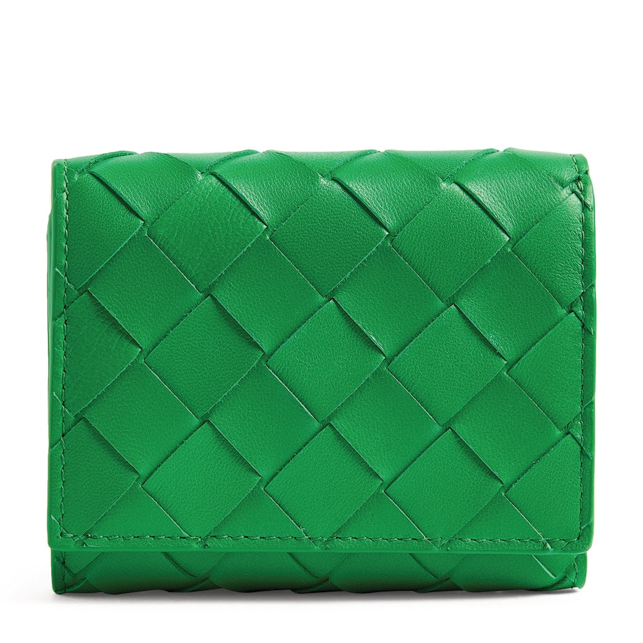 Green Leather Intrecciato Trifold Wallet