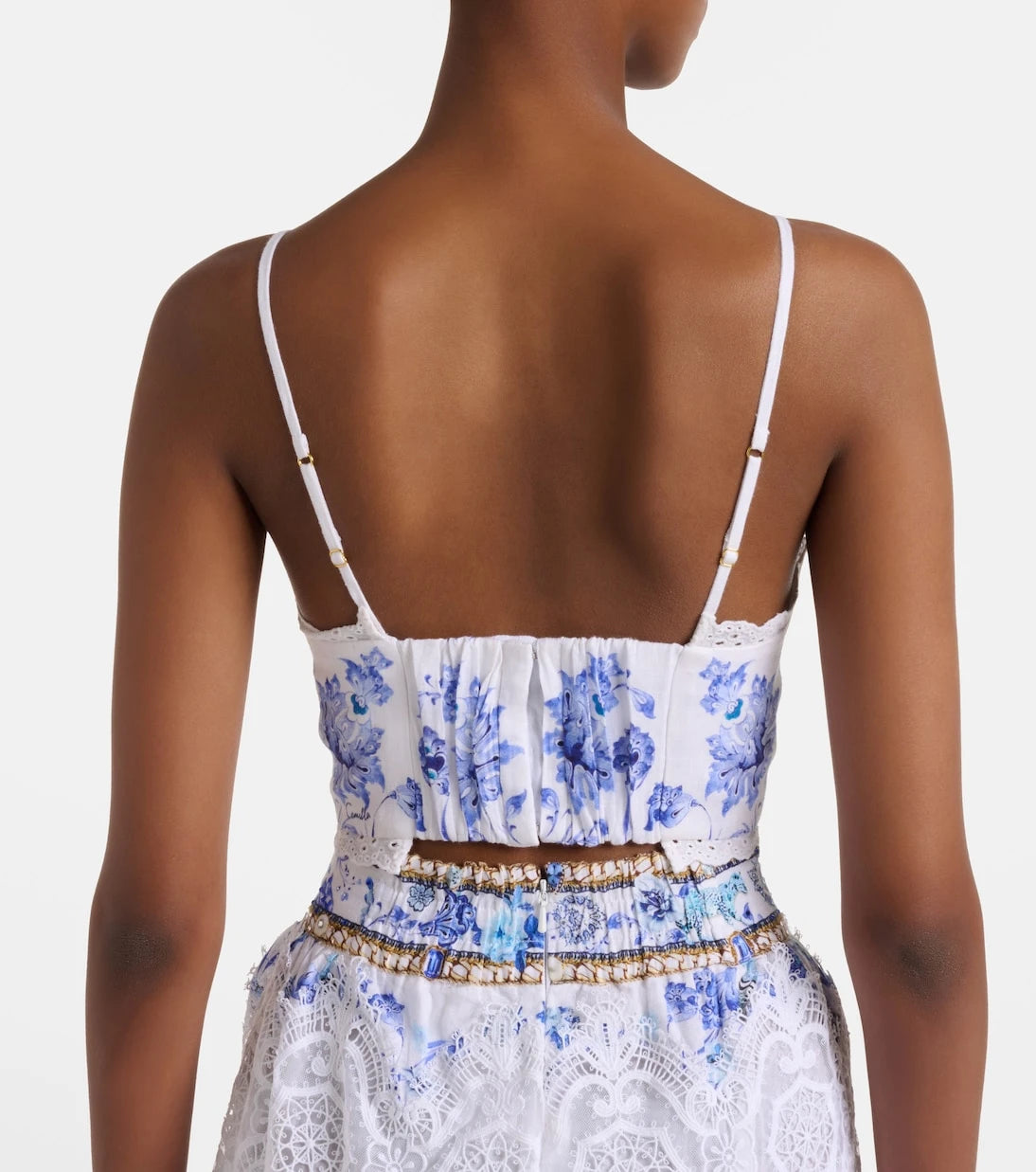 Camilla - Printed lace-trimmed linen bra top