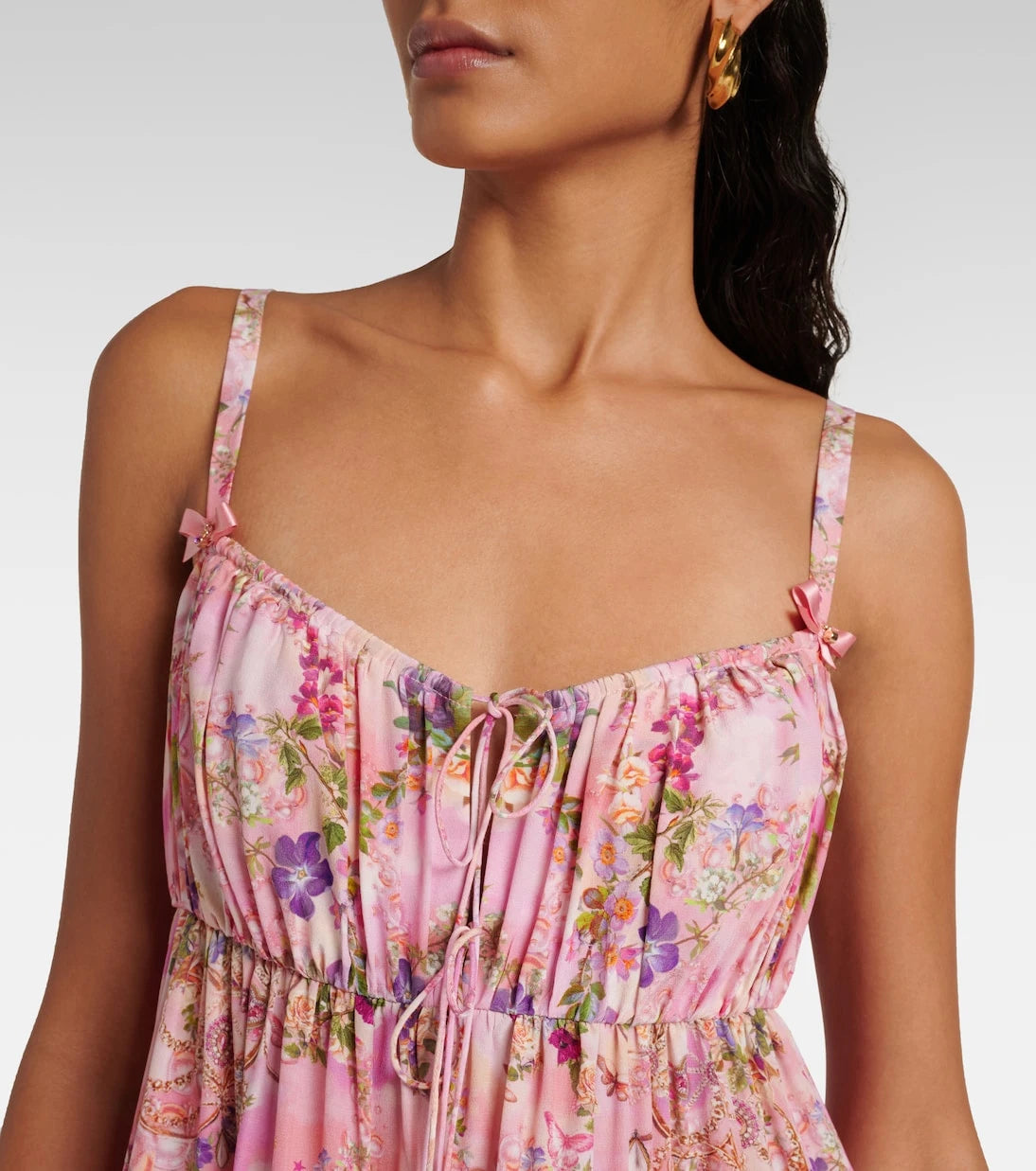Camilla - Floral-appliqué gathered silk crêpe minidress