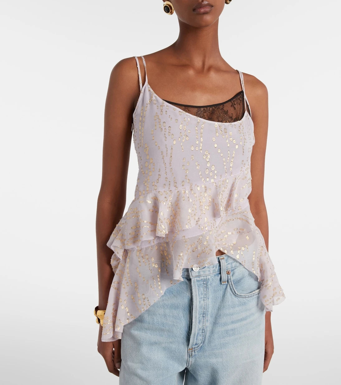 Jacques Wei - Printed ruffled asymmetric silk-blend top