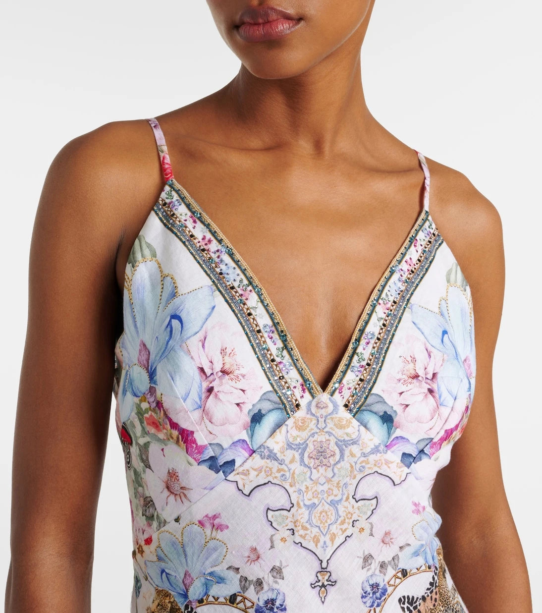 Camilla - Crystal-embellished linen slip dress