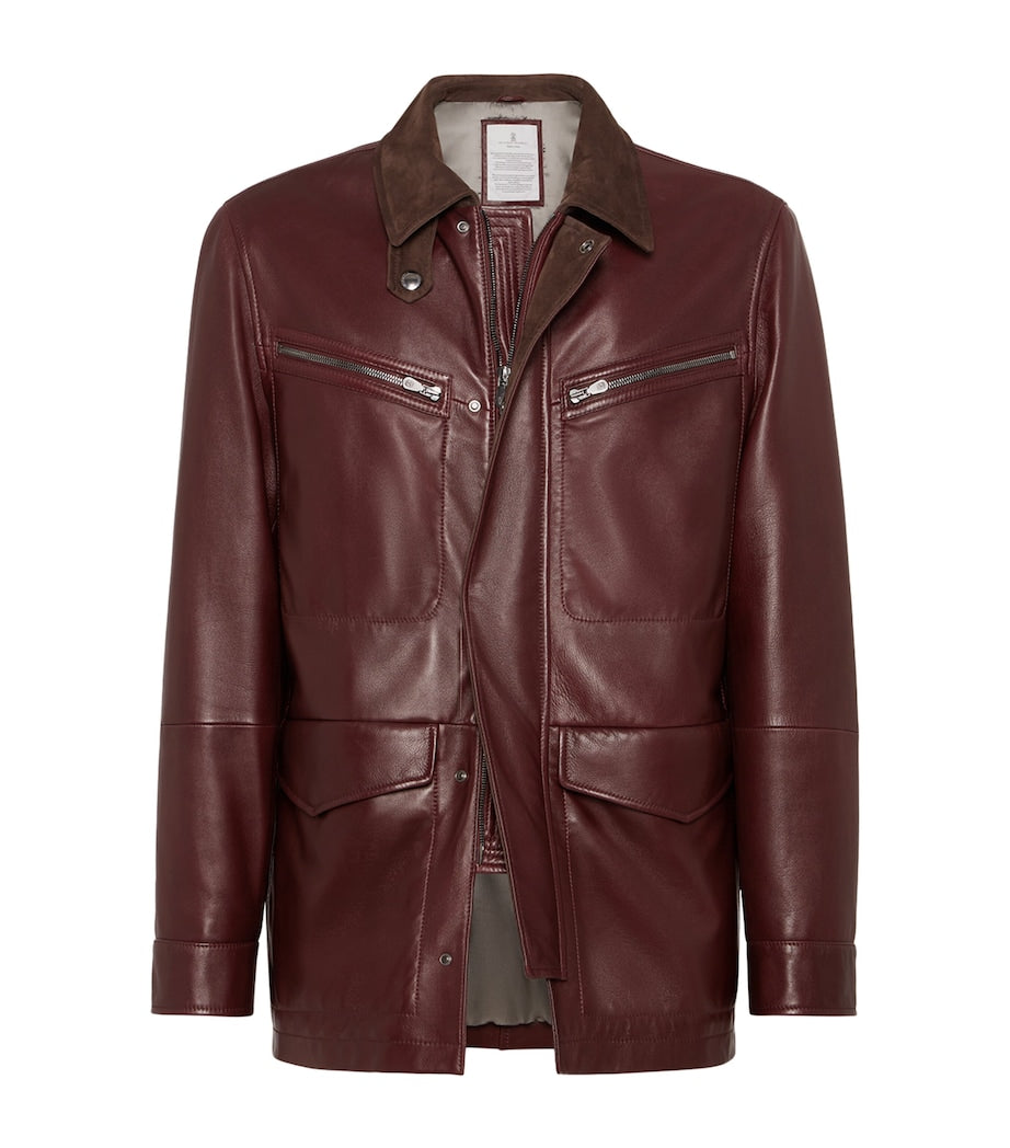 Red Leather-Suede Padded Jacket