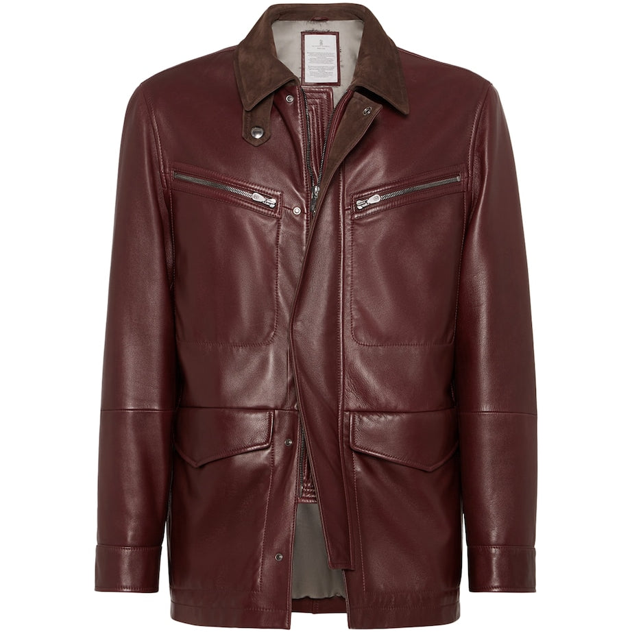 Red Leather-Suede Padded Jacket