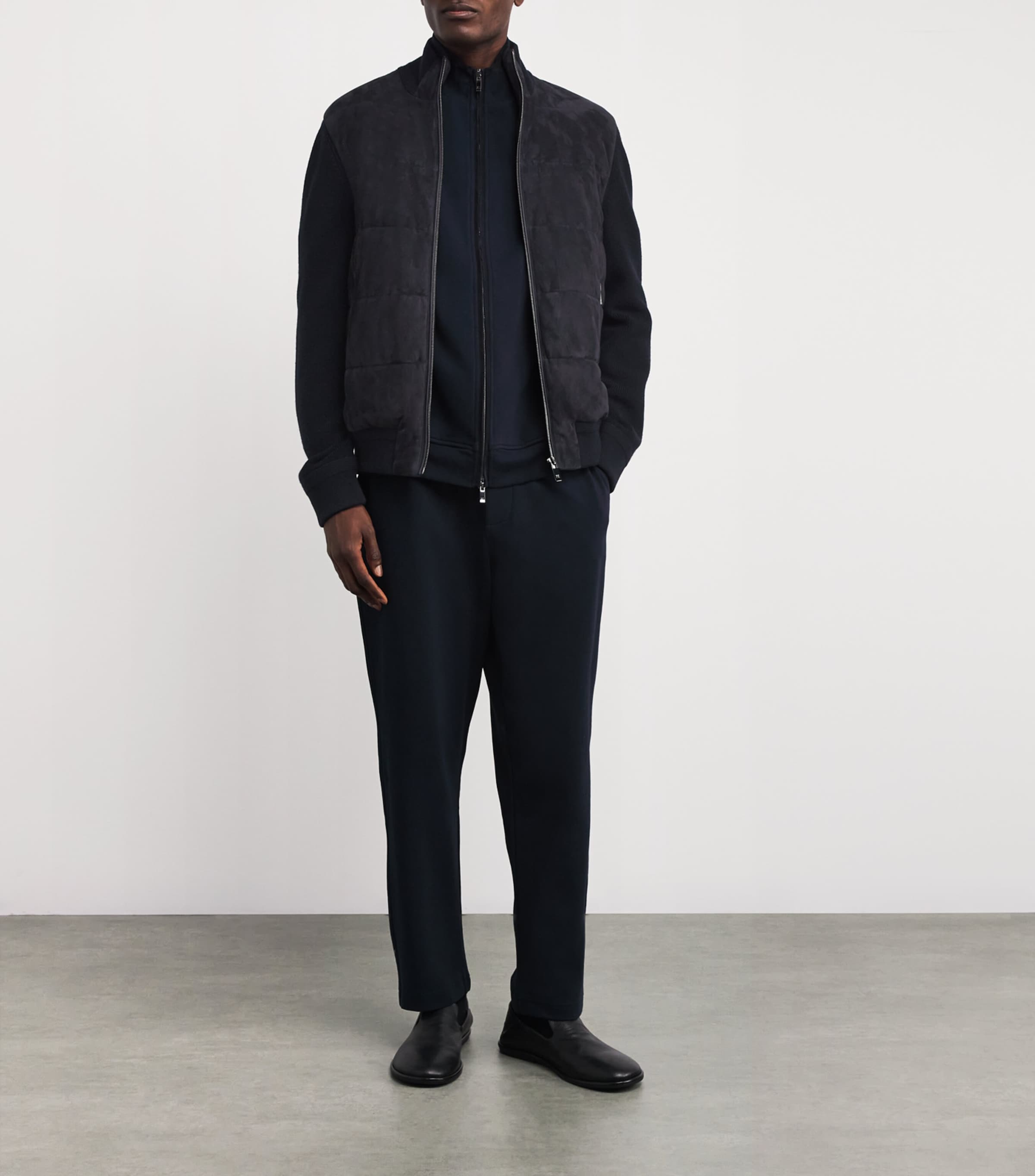 Navy Suede-Wool Bomber Jacket