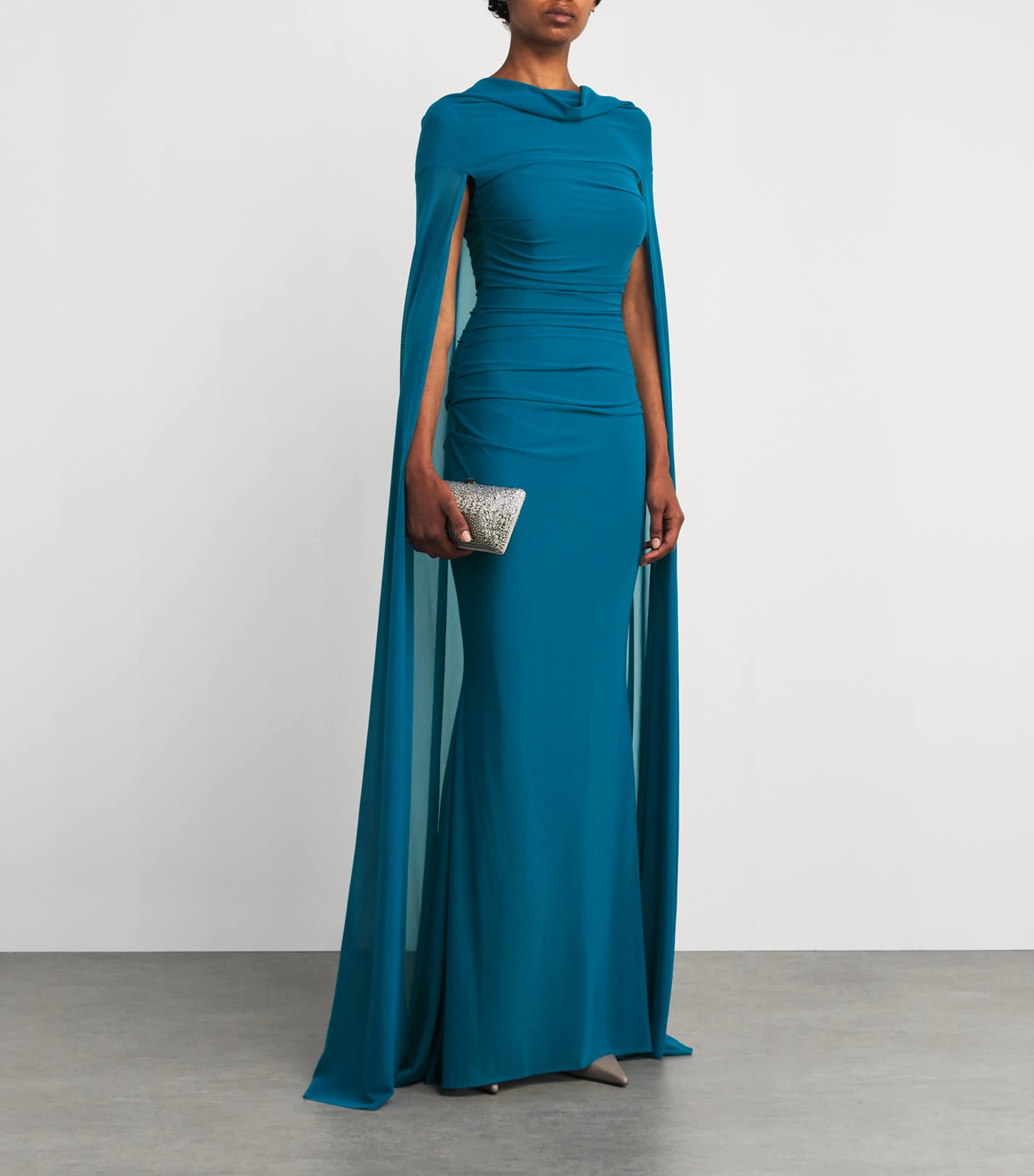 Talbot Runhof Blue Tulle Cape-Overlay Gown