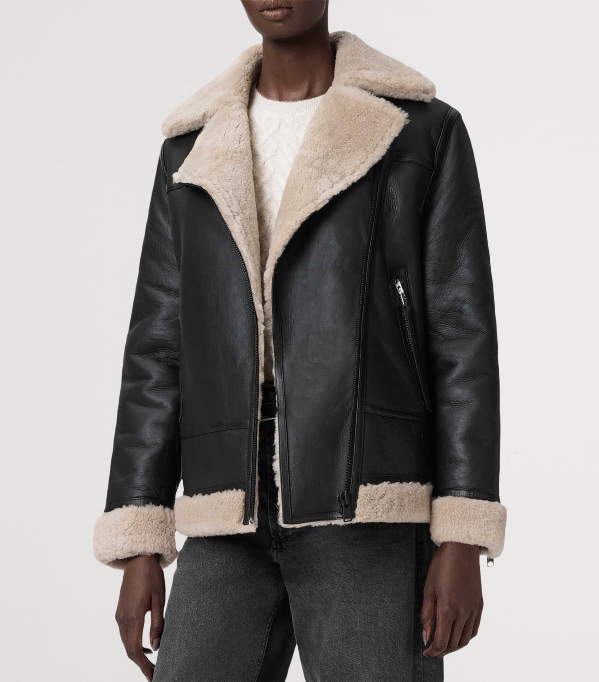 AllSaints Shearling Sola Leather Jacket BLACK/NATURAL