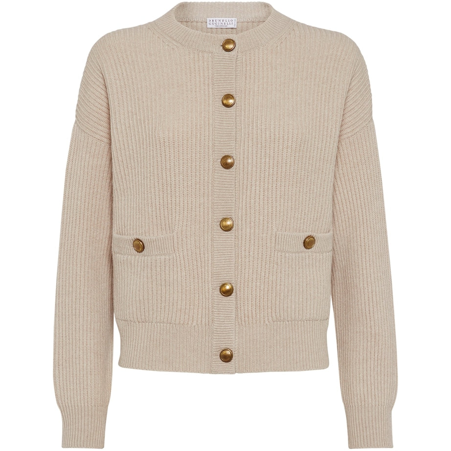 Brunello Cucinelli Brown Virgin Wool-Blend Crew Neck Cardigan