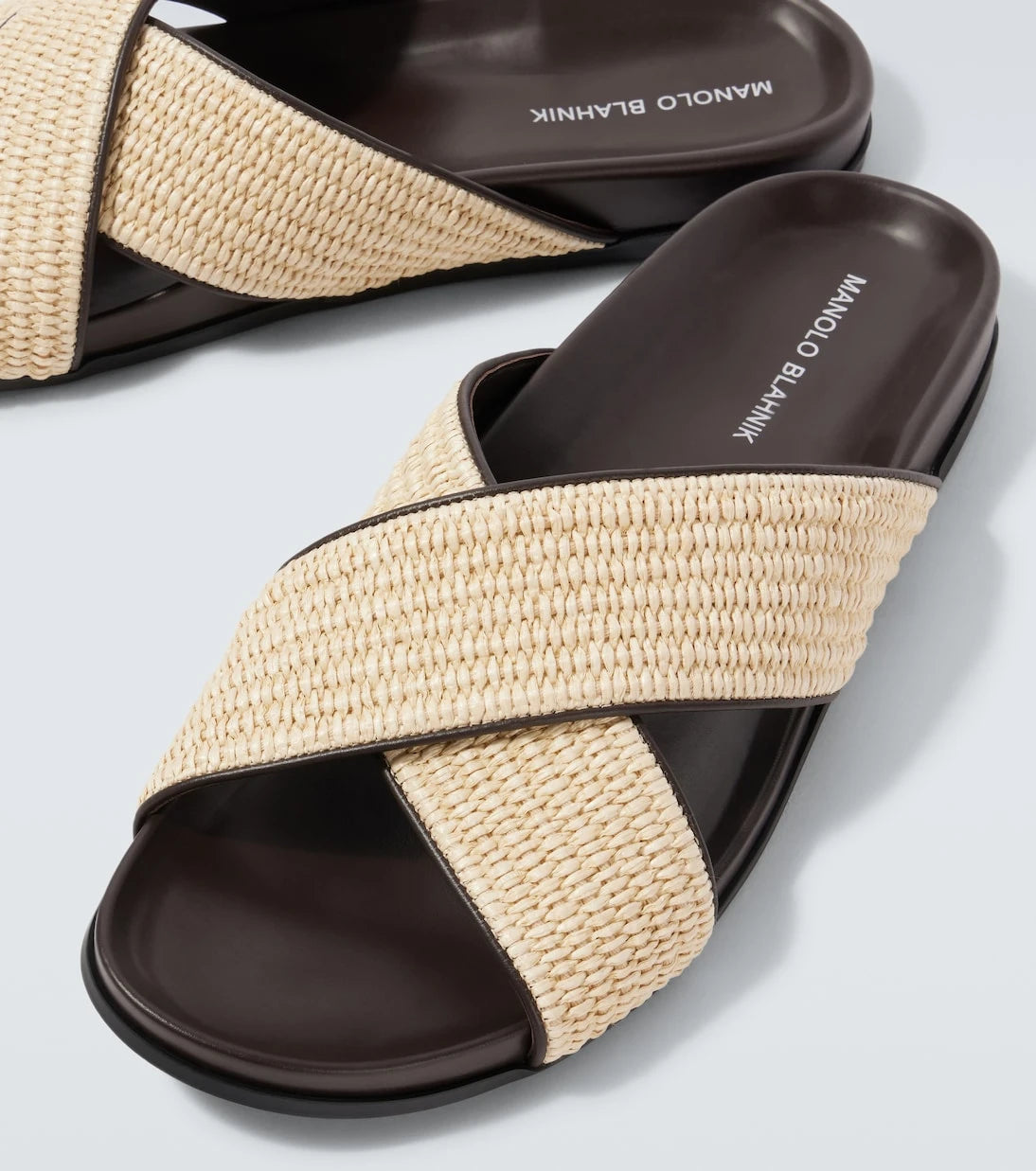 Manolo Blahnik - Chiltern leather-trimmed raffia slides