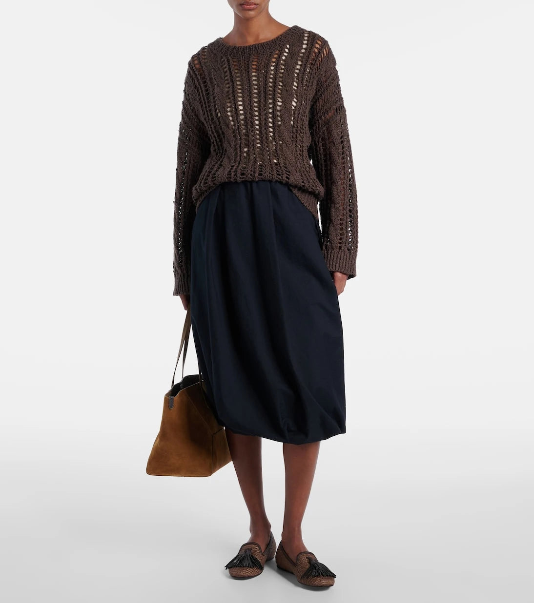 Brunello Cucinelli - Gathered cotton-blend midi skirt