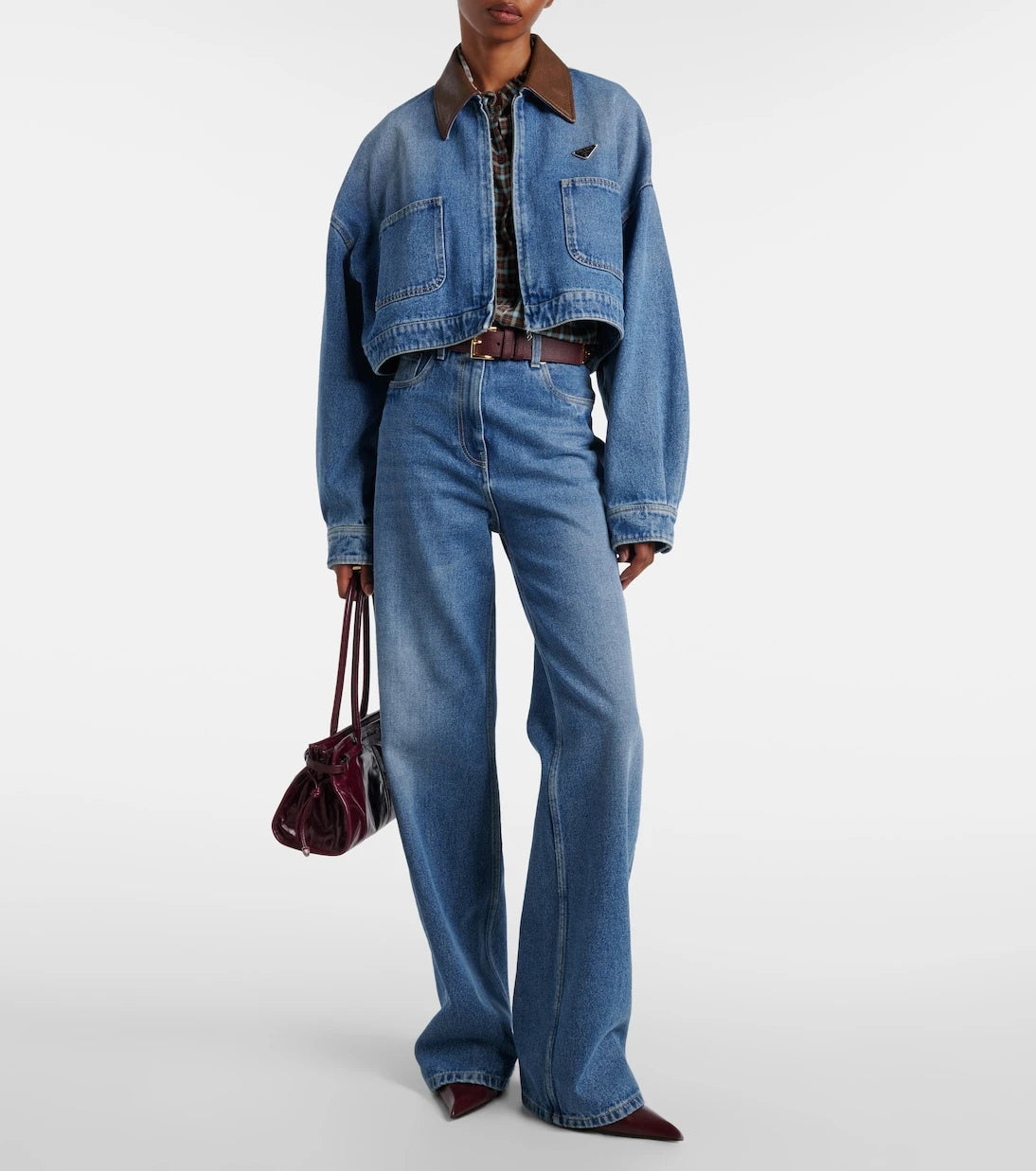 Prada - Leather-trimmed cropped denim jacket