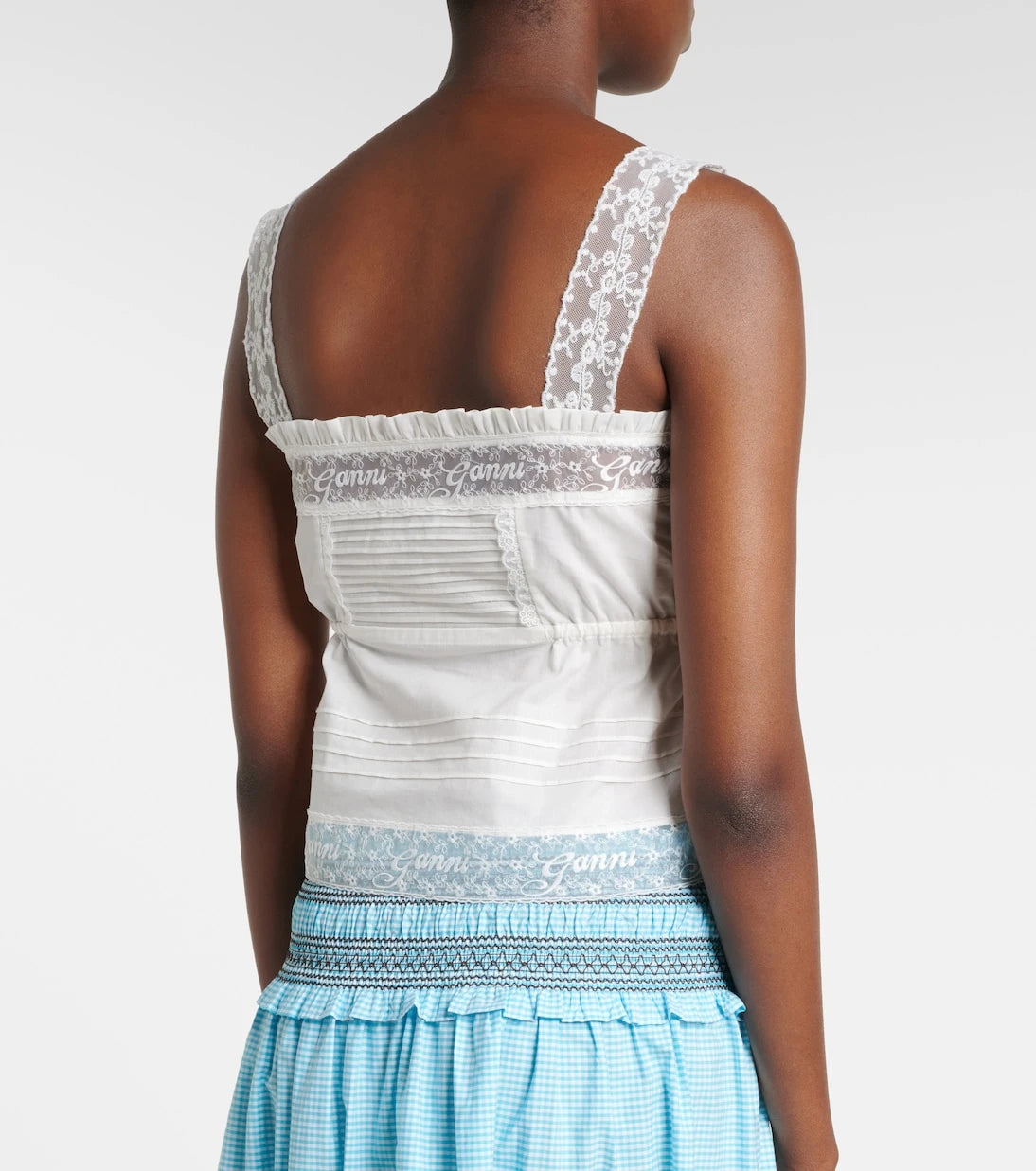 Ganni - Lace-trimmed ruffled cotton crop top