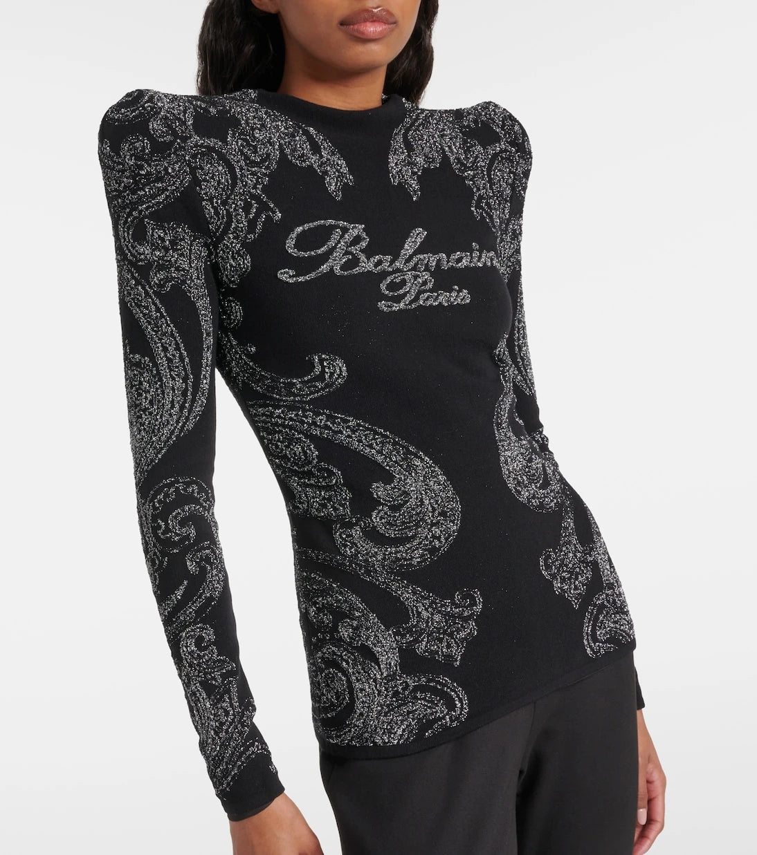 Balmain - بلوزة من مزيج القطن والجرسي بنقشة بيزلي وشعار الماركة