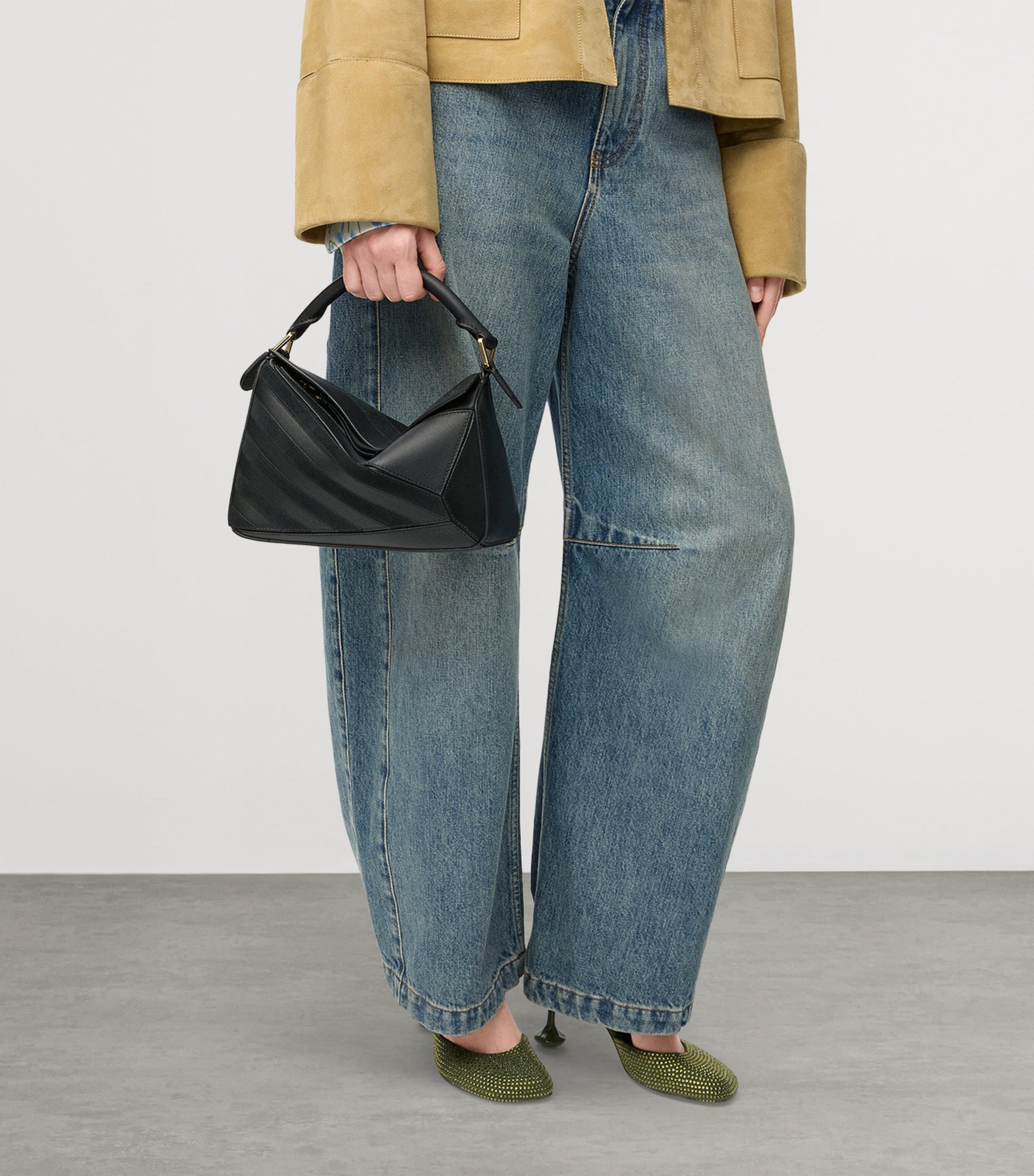 Small Leather Stripe Puzzle Edge Top-Handle Bag