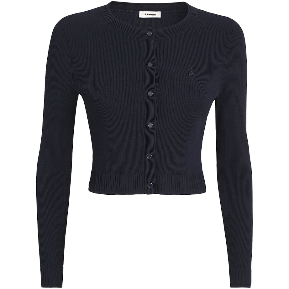 Sandro Paris Blue Rib-Knit Cropped Cardigan