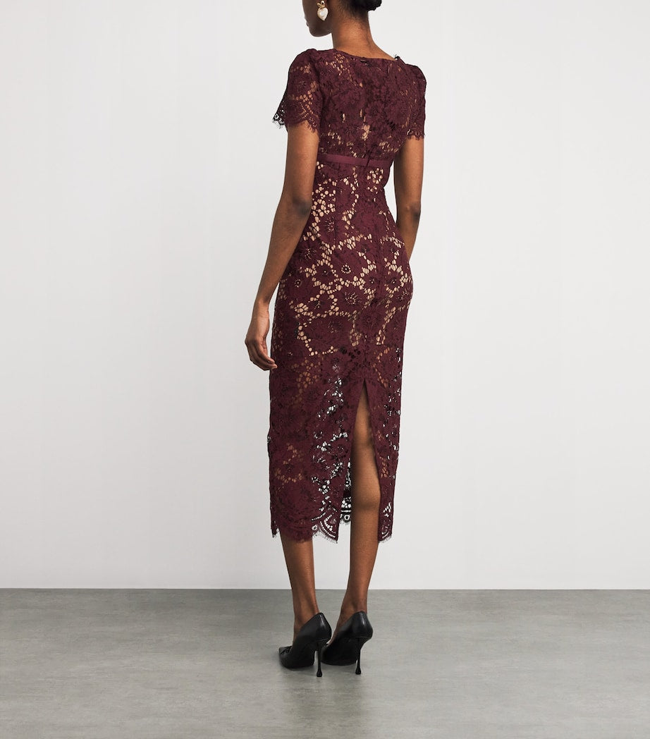 Self-Portrait Burgundy Guipure Lace V-Neck Midi Dress