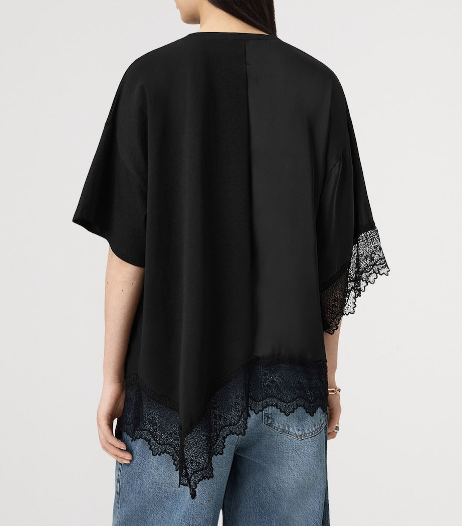 AllSaints Black Cotton Lace-Trim Lenny T-Shirt