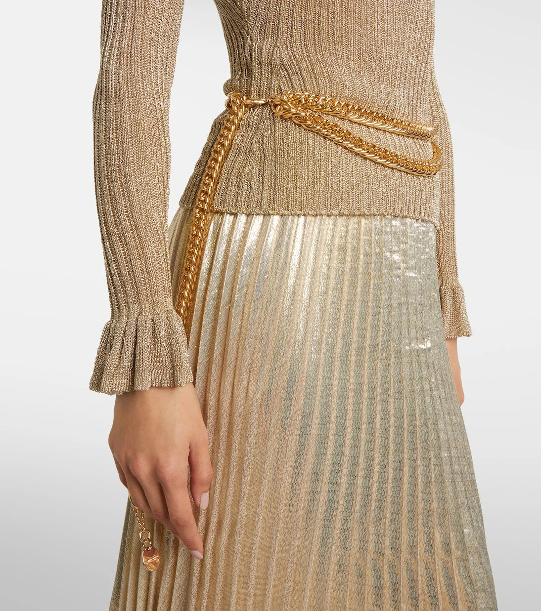 Self-Portrait - Ribbed-knit lamé plissé maxi dress
