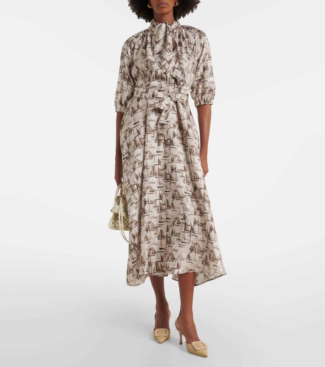 Max Mara - Printed tie-neck silk twill midi dress