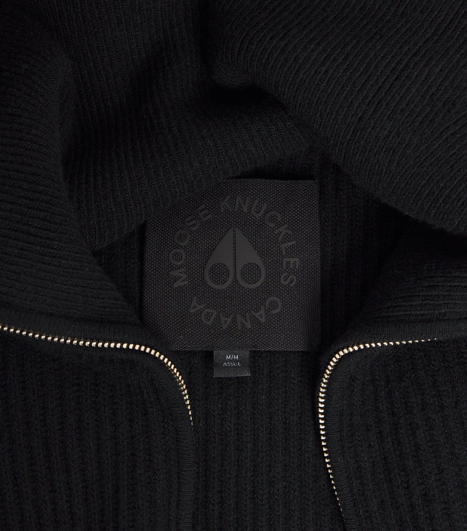 Moose Knuckles Black Wool Ribbed Zip-Up Cardigan