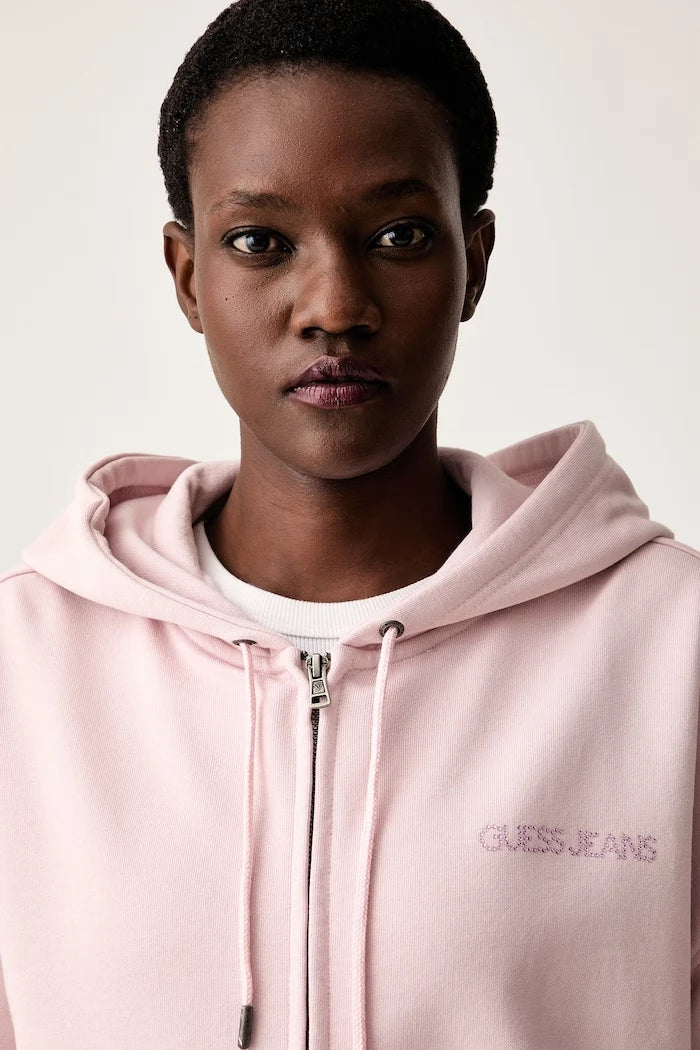 Guess Jeans fermuarlı kapüşonlu kadın pamuklu sweatshirt