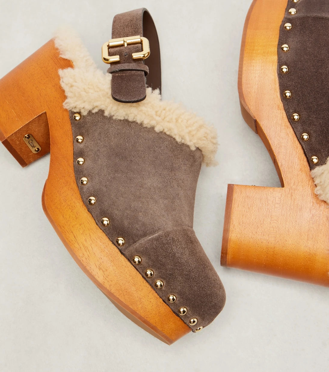 Chloé - Jeannette shearling-trimmed suede wedge clogs
